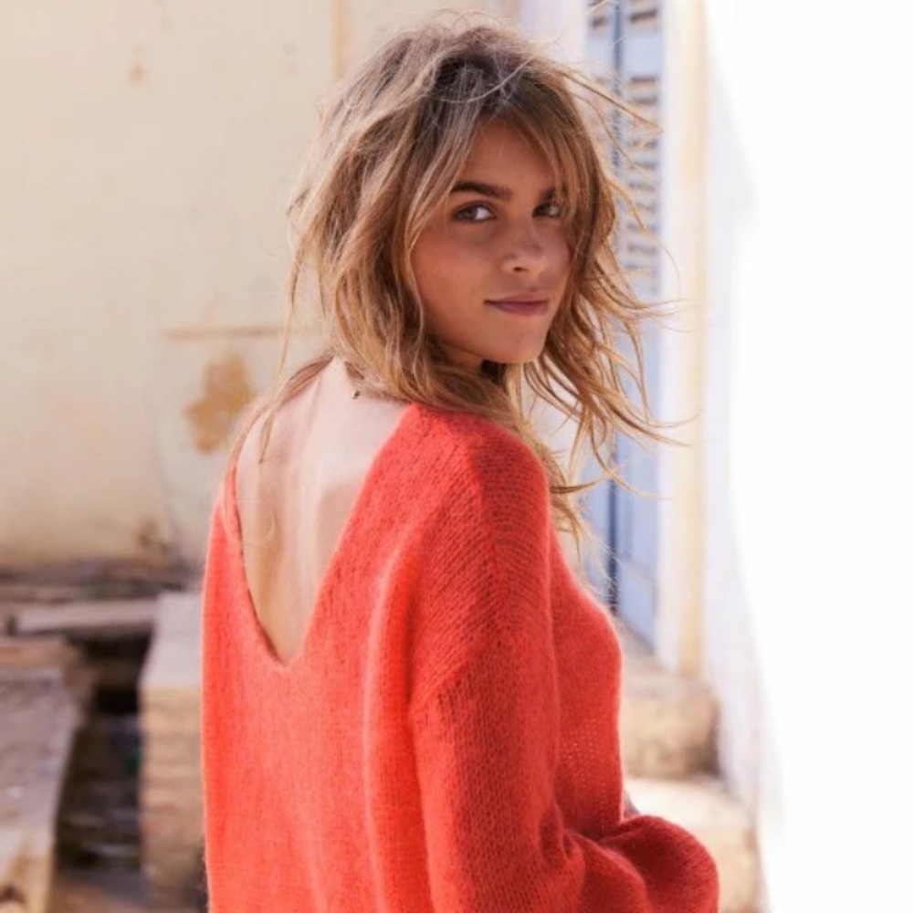 Sezane Open-Back Mohair Sweater in Coral Red